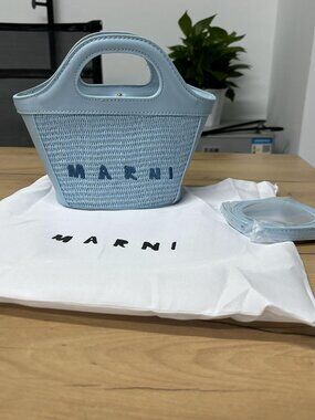 Marni Mini Basket Bag - Light Blue Raffia Handbag with Strap